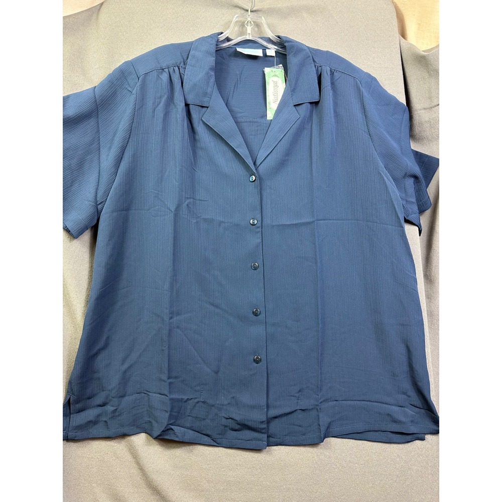 National Women 2X Navy Blue Short Sleeve Button Down Camp Collar Crinkle Shirt